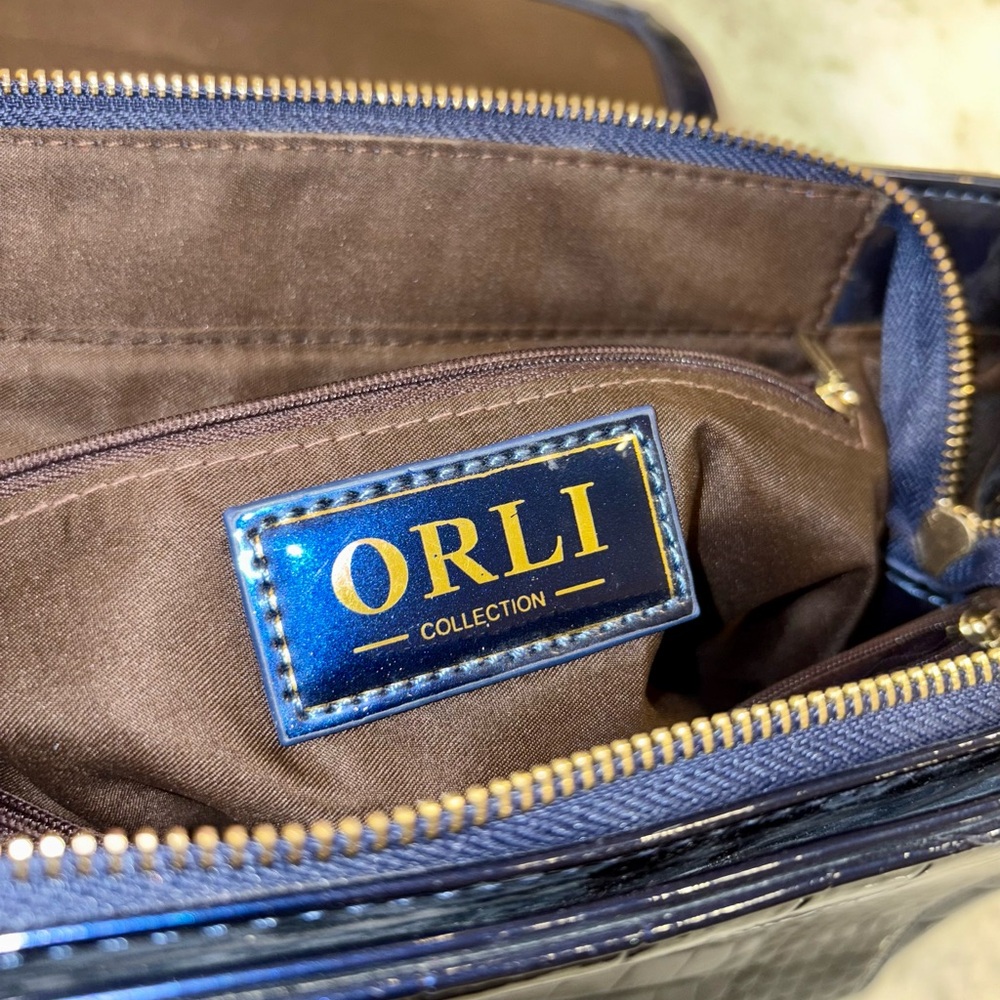 Blue Croc Embossed Satchel with Gold-Tone Hardware - Picture 9 of 16